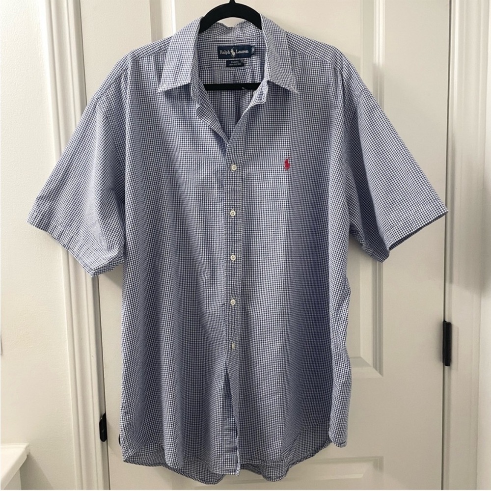 Ralph Lauren Button Up Short Sleeve Shirt Blue & White Gingham Checkered Size XL